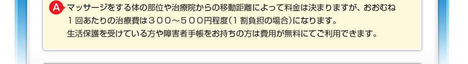 マッサージをする体の部位や治療院からの移動距離によって料金は決まりますが、 おおむね1回あたりの治療費は300~600円程度(1割負担の場合)になります。 生活保護を受けている方や障害者手帳をお持ちの方は費用が無料にてご利用できます。